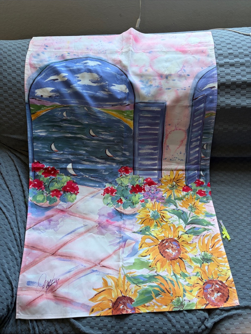 Sunflower & Seaside Watercolor garden flag- Bright Yellow, Blue, Red